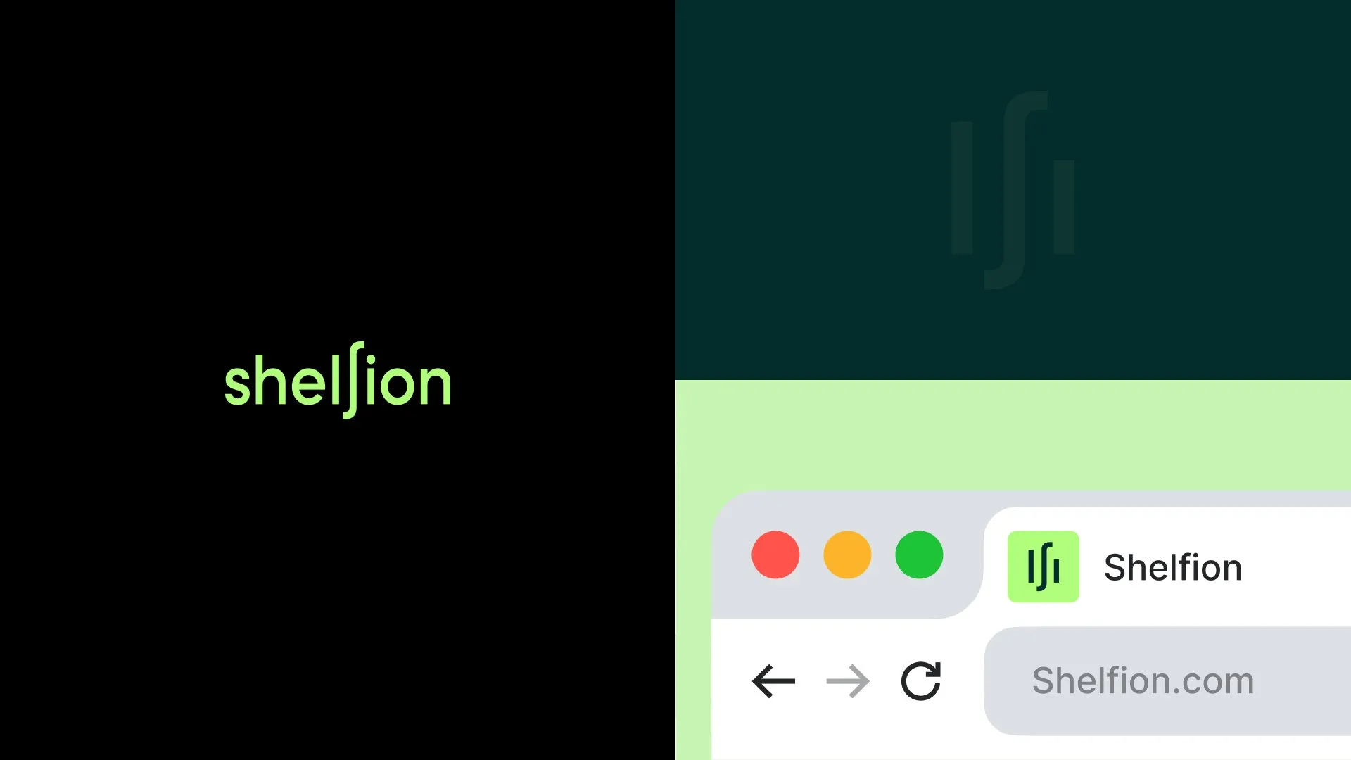 The Shelfion wordmark on dark green, and its icon as a favicon in a browser tab next to shelfion.com.