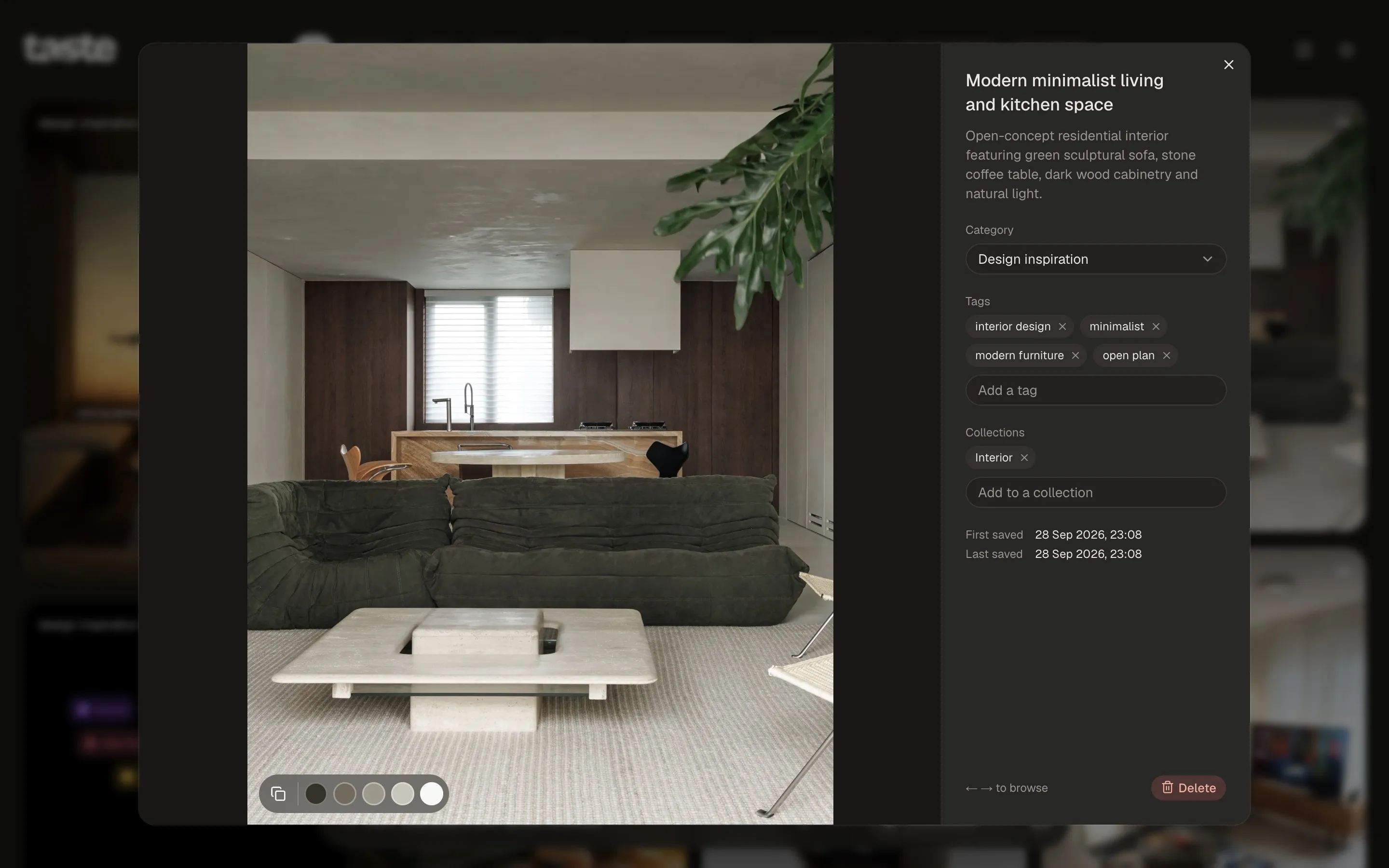 The detail view of a saved photo of a minimalist living room: the photo on the left, its AI-written title, description, category, tags and collections on the right.