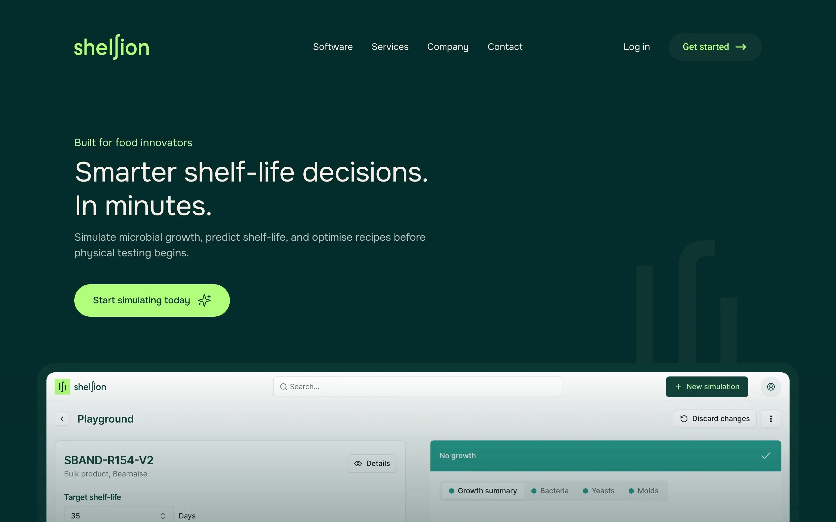The Shelfion homepage: 'Smarter shelf-life decisions. In minutes.' on dark green.