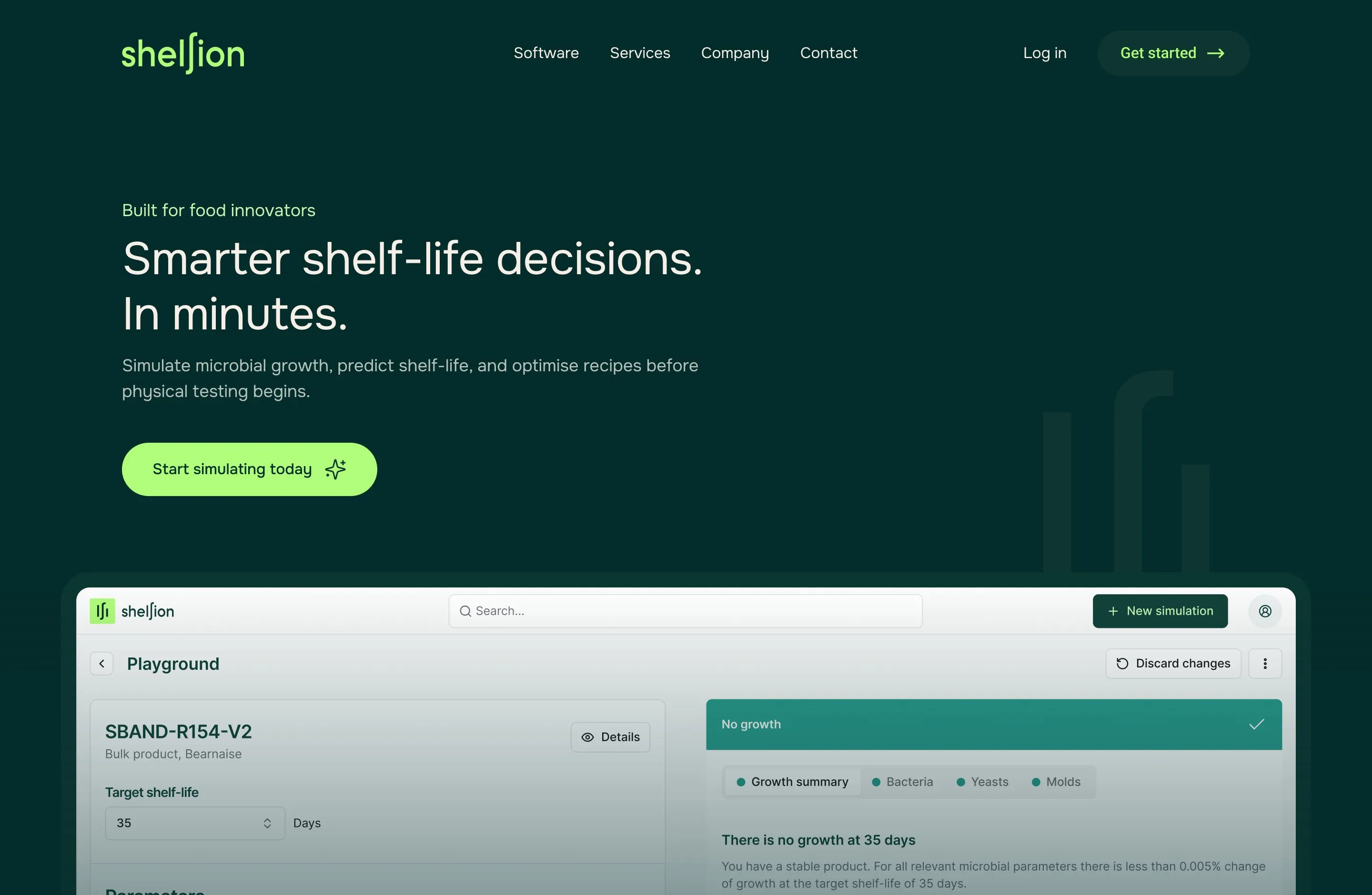 The Shelfion homepage: 'Smarter shelf-life decisions. In minutes.' above the shelf-life simulation tool, on dark green.