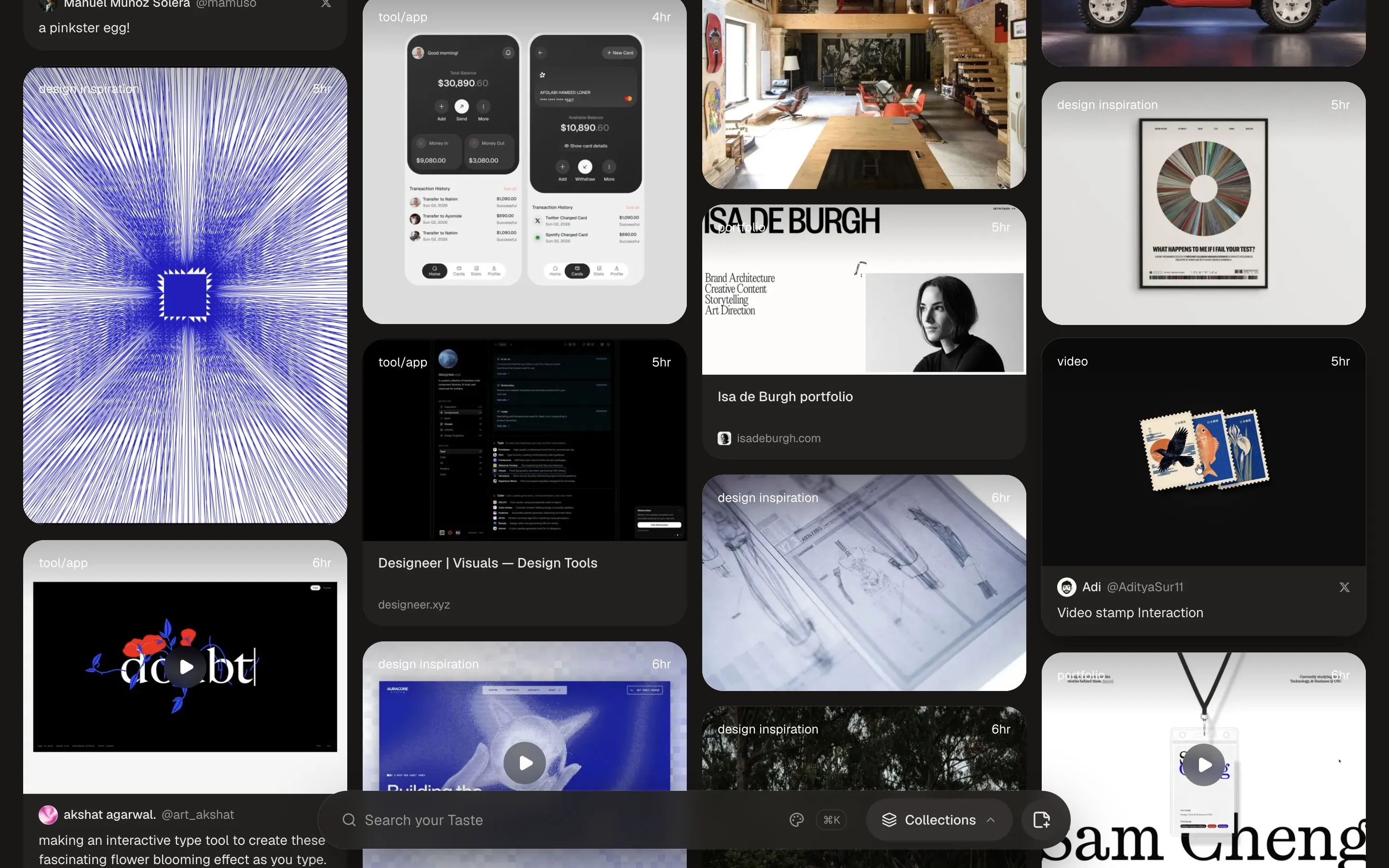 The Taste library: a grid of saved references, app screens, websites, photos and videos, with a search bar at the bottom.