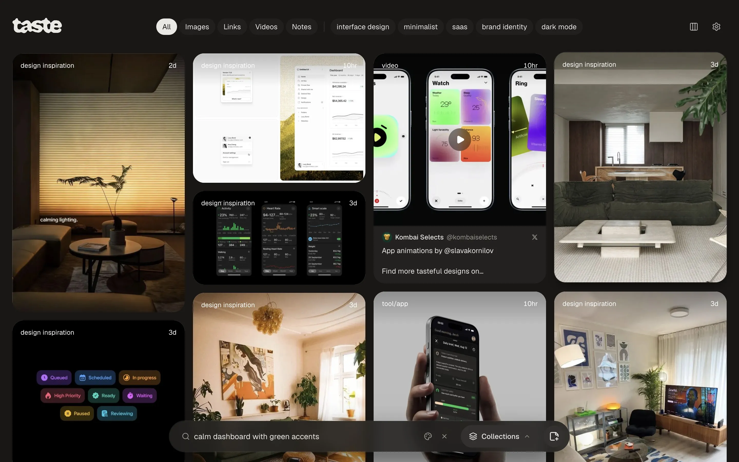 Search results for 'calm dashboard with green accents': calm interiors, a green-tinted dashboard and health app screens.